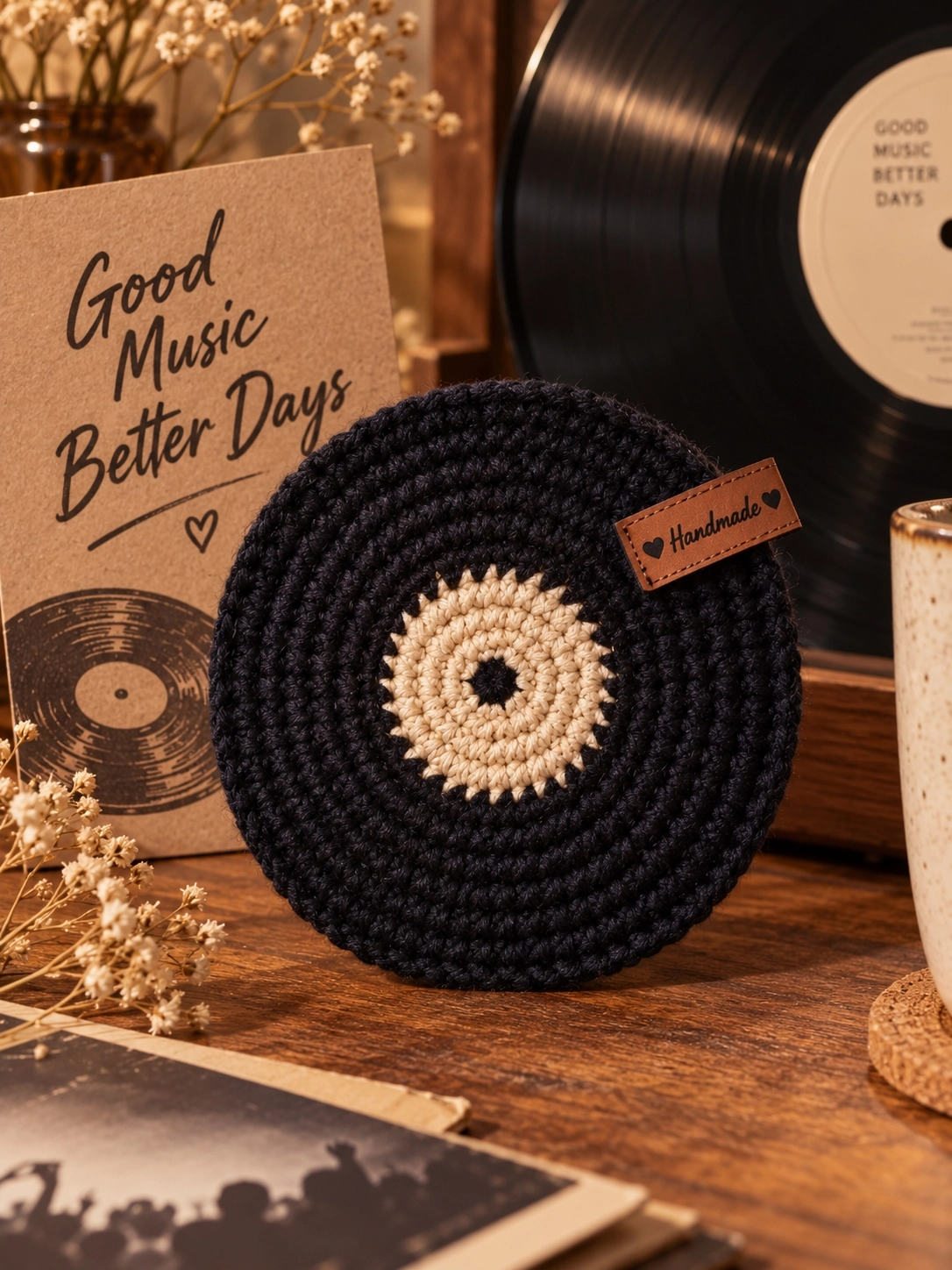 Hubush El Yapımı Retro Plak Bardak Altlığı – Örgü Vinyl Plak Tasarım-Bej