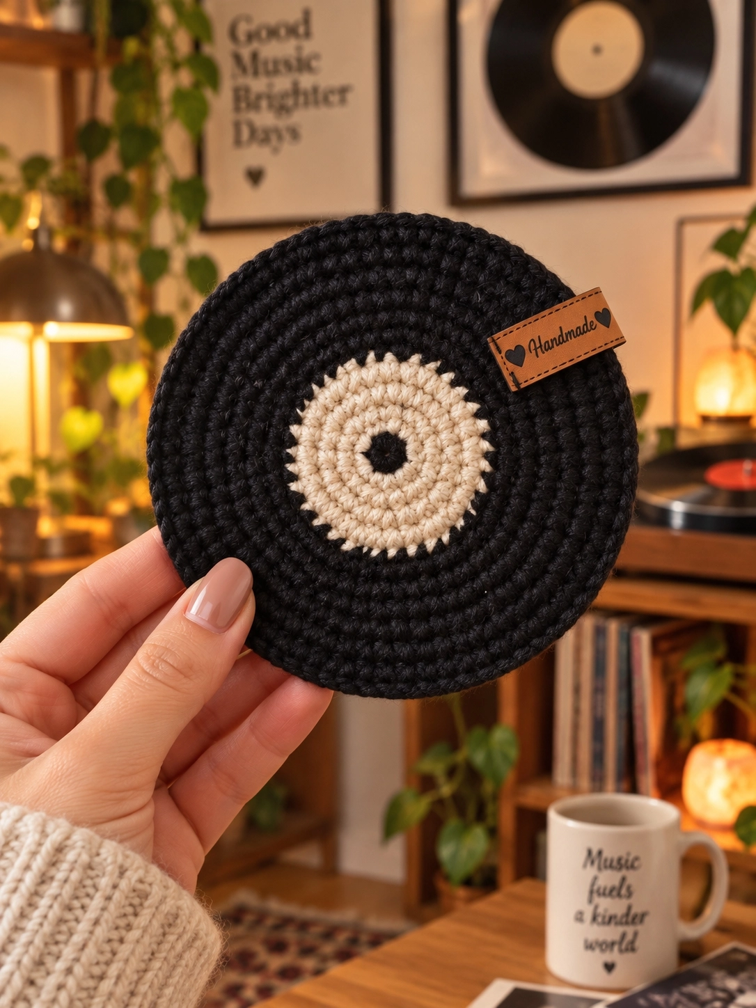 Hubush El Yapımı Retro Plak Bardak Altlığı – Örgü Vinyl Plak Tasarım-Bej