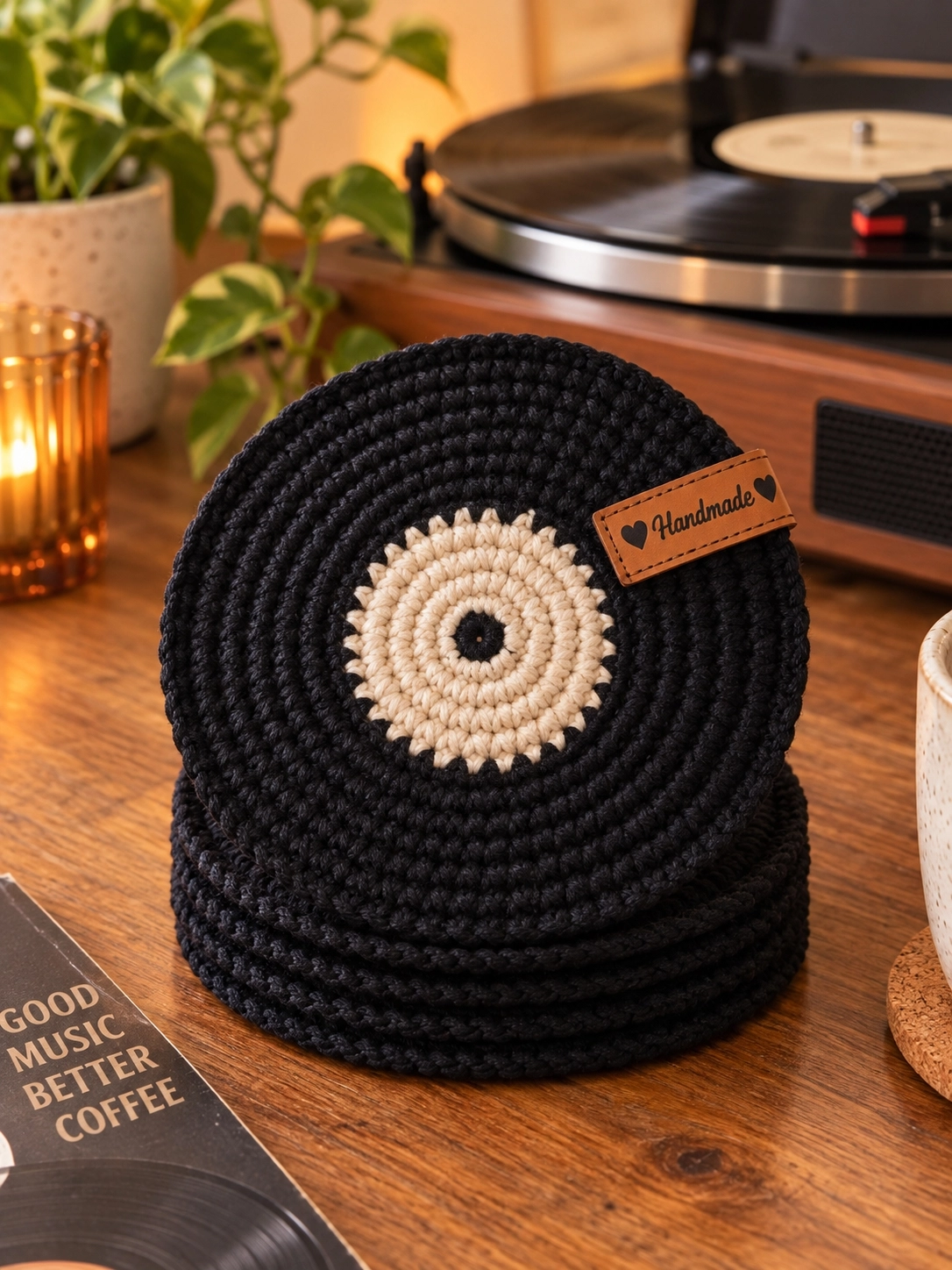 Hubush El Yapımı Retro Plak Bardak Altlığı – Örgü Vinyl Plak Tasarım-Bej