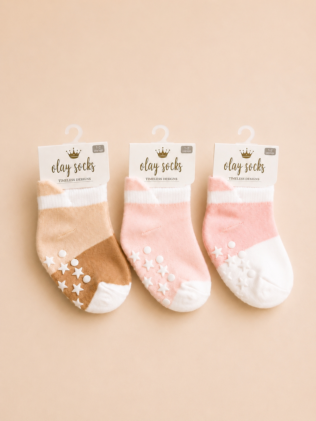 Olay Socks Kaydırmaz Tabanlı Bebek Çorabı 3’lü Set – Pudra & Bej