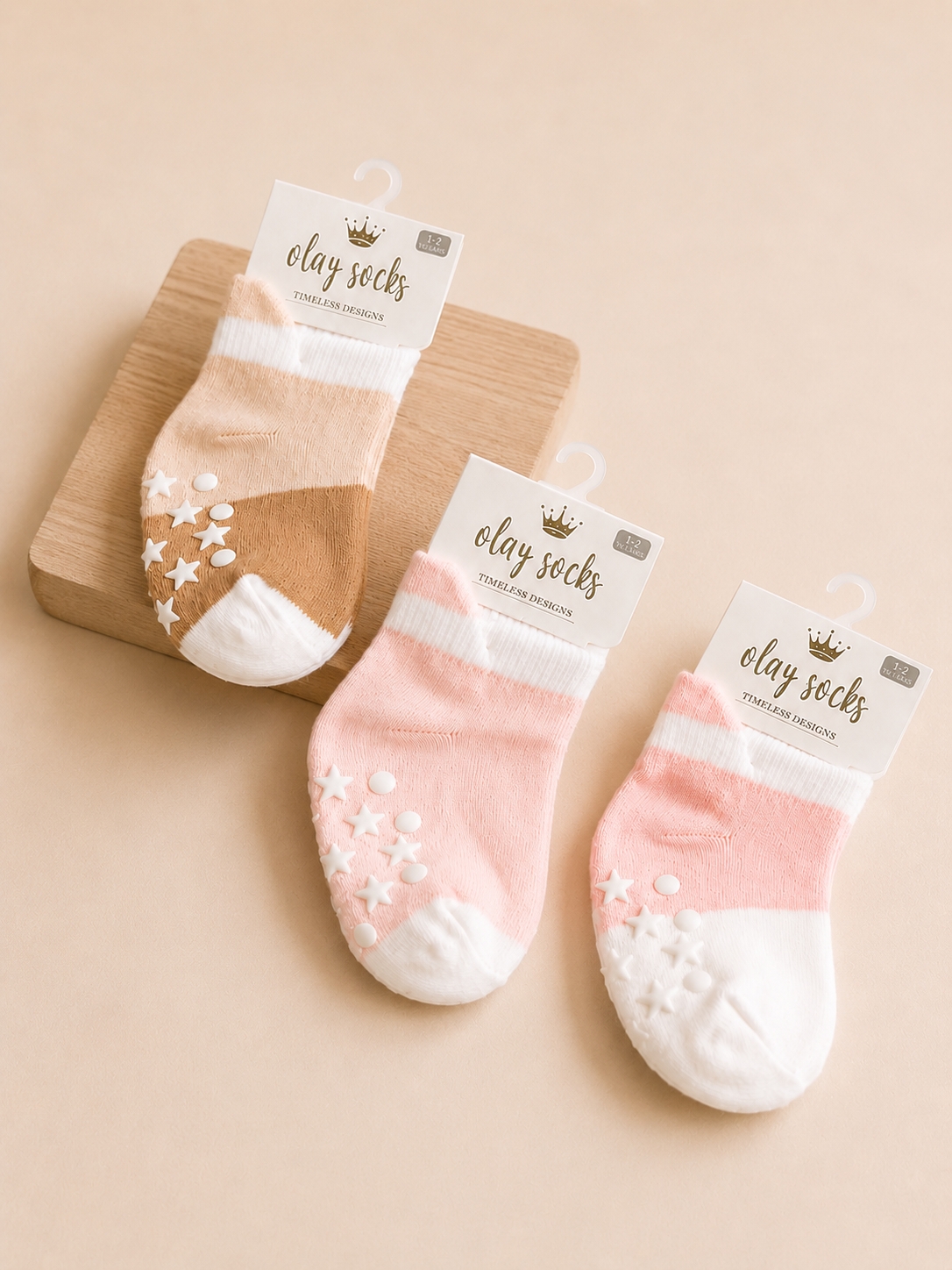 Olay Socks Kaydırmaz Tabanlı Bebek Çorabı 3’lü Set – Pudra & Bej