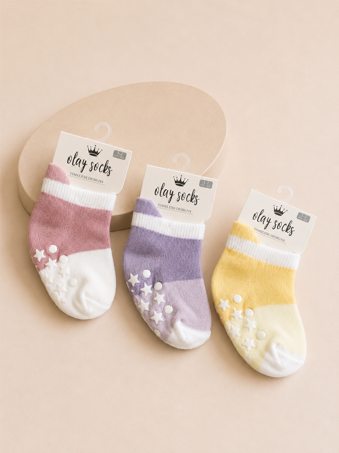 Olay Socks Kaydırmaz Tabanlı Bebek Çorabı 3’lü Set Mor&Sarı