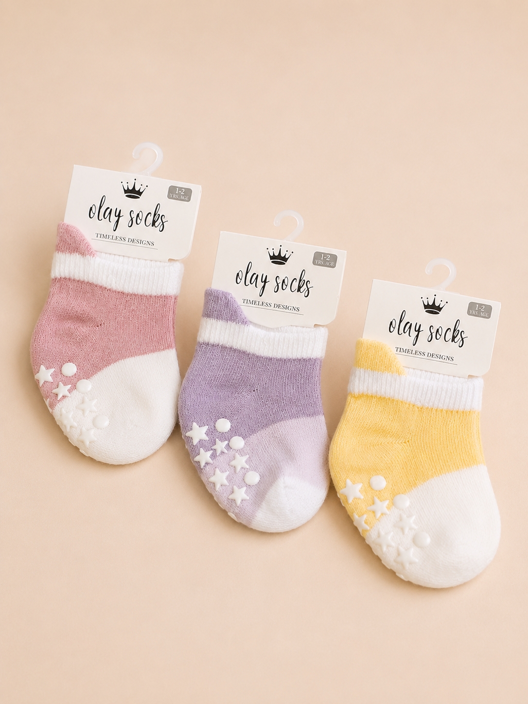 Olay Socks Kaydırmaz Tabanlı Bebek Çorabı 3’lü Set Mor&Sarı