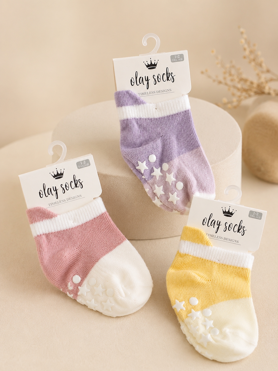 Olay Socks Kaydırmaz Tabanlı Bebek Çorabı 3’lü Set Mor&Sarı