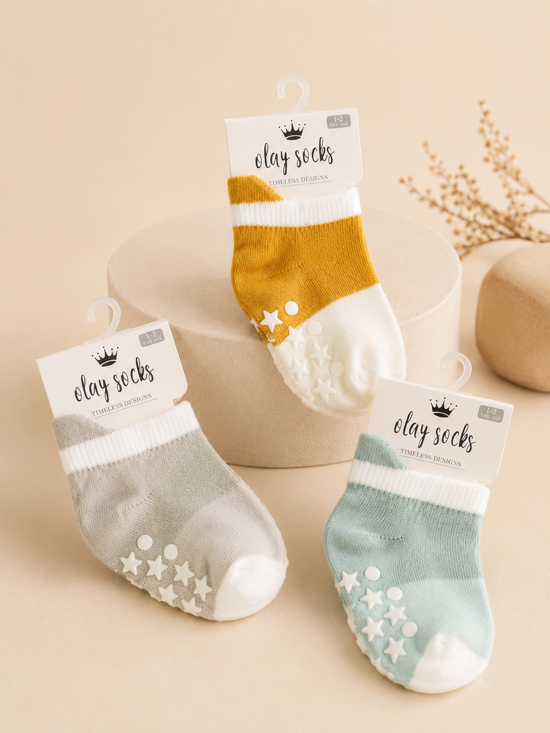 Olay Socks 3’lü Kaydırmaz Bebek Çorabı6-12 Ay/ 1-2 Yaş Gri Hardal Mint