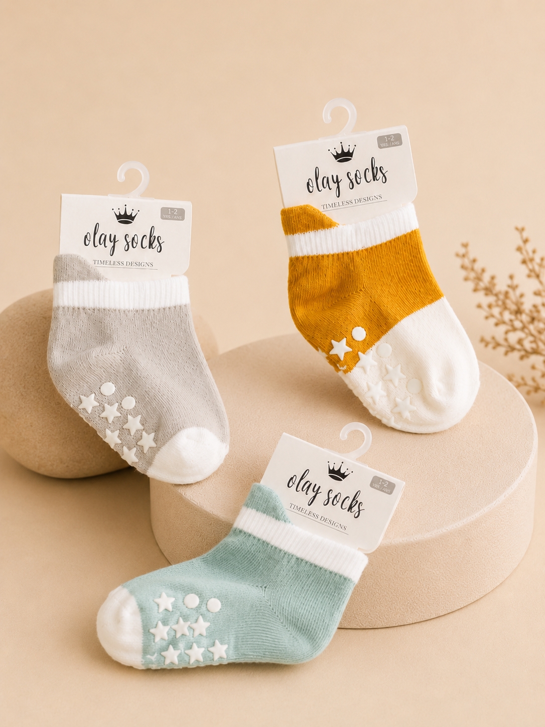 Olay Socks 3’lü Kaydırmaz Bebek Çorabı6-12 Ay/ 1-2 Yaş Gri Hardal Mint