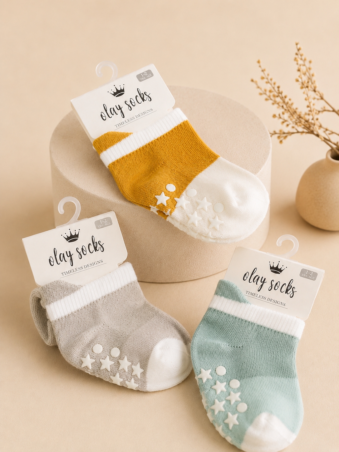 Olay Socks 3’lü Kaydırmaz Bebek Çorabı6-12 Ay/ 1-2 Yaş Gri Hardal Mint