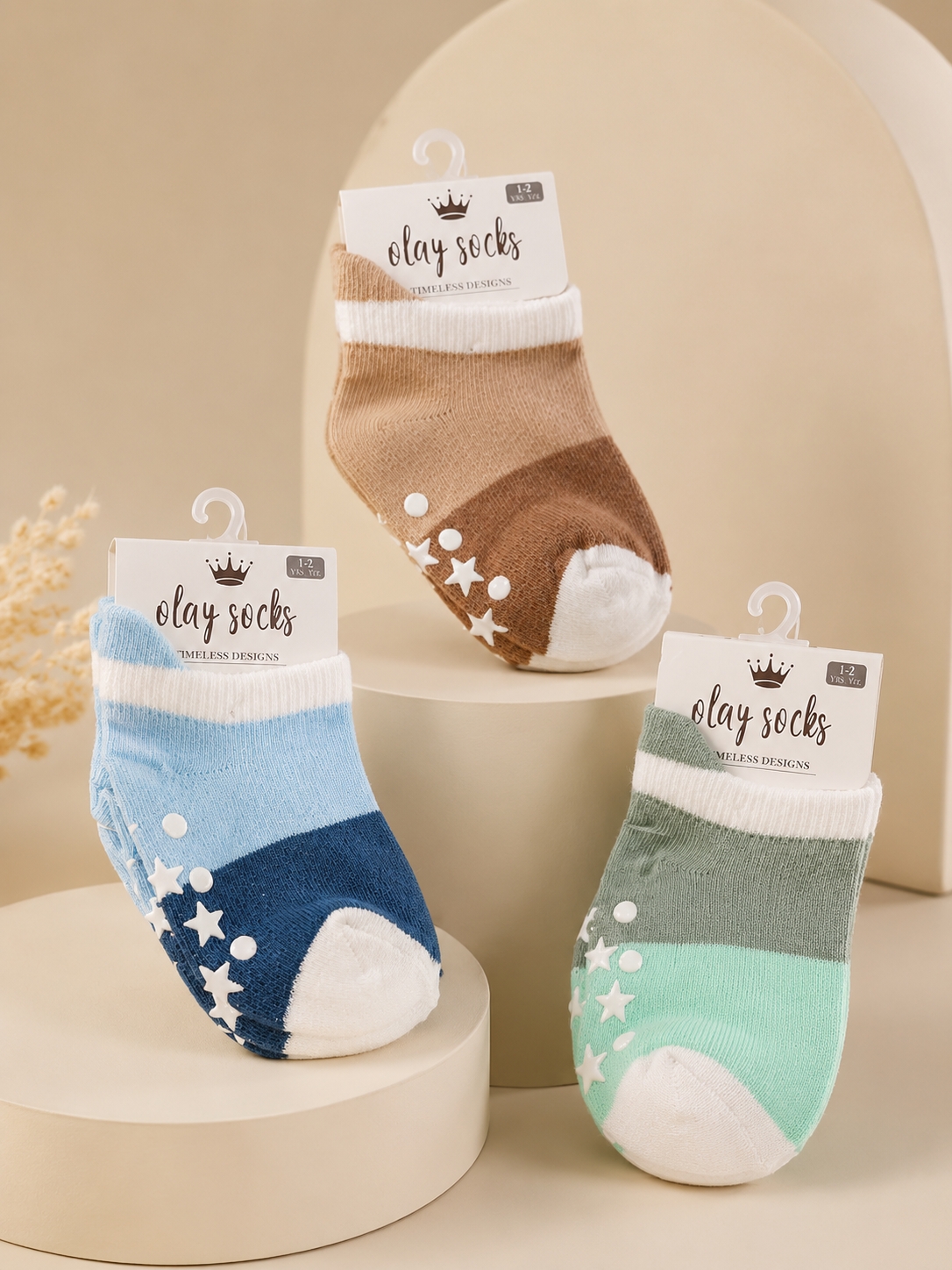 Olay Socks 3’lü Kaydırmaz Bebek Çorabı 1-2 Yaş Mavi Kahve Mint