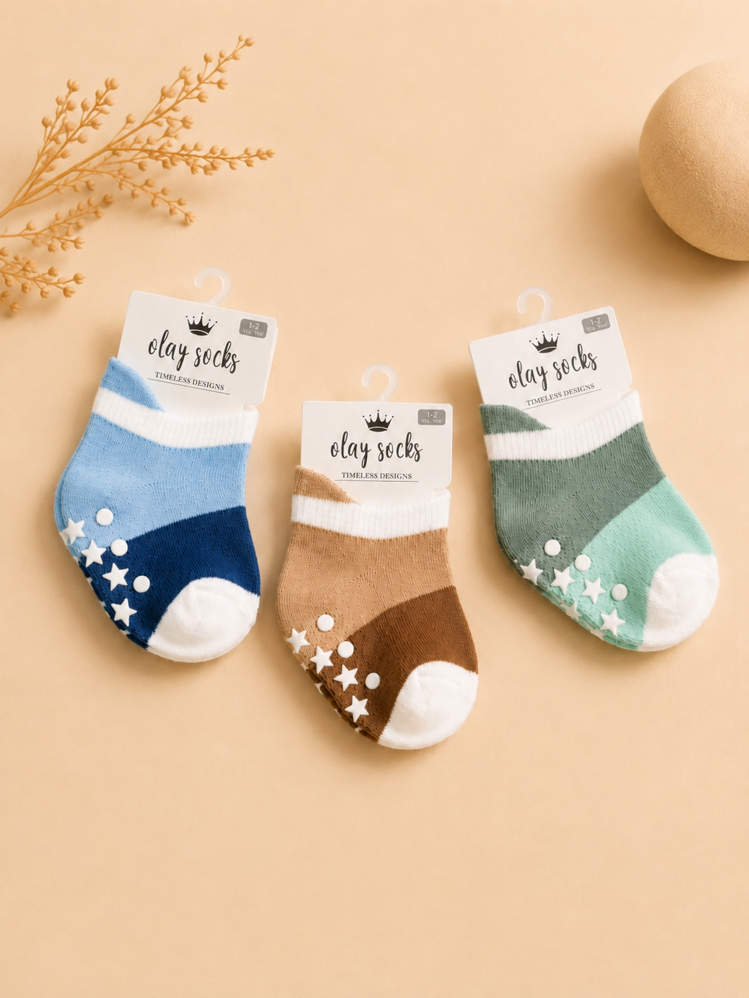 Olay Socks 3’lü Kaydırmaz Bebek Çorabı 1-2 Yaş Mavi Kahve Mint