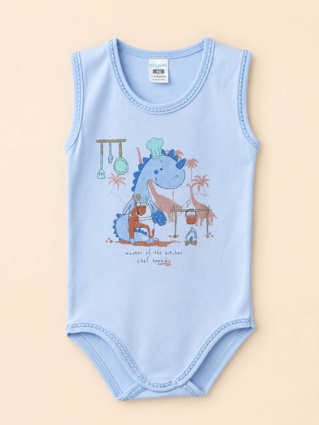 Hoppidik Şef Dinozor Baskılı Kolsuz Bebek Body Mavi
