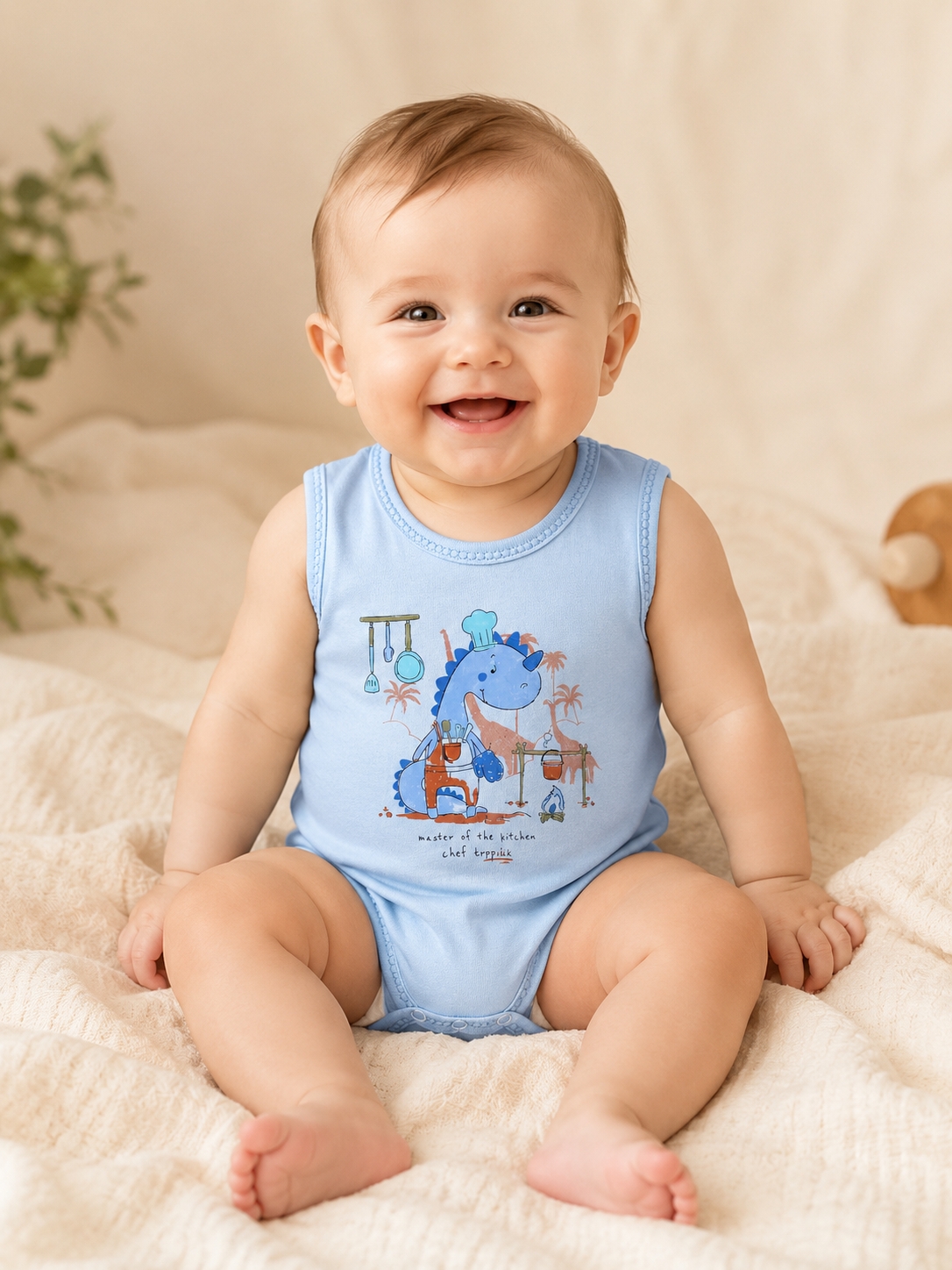 Hoppidik Şef Dinozor Baskılı Kolsuz Bebek Body Mavi