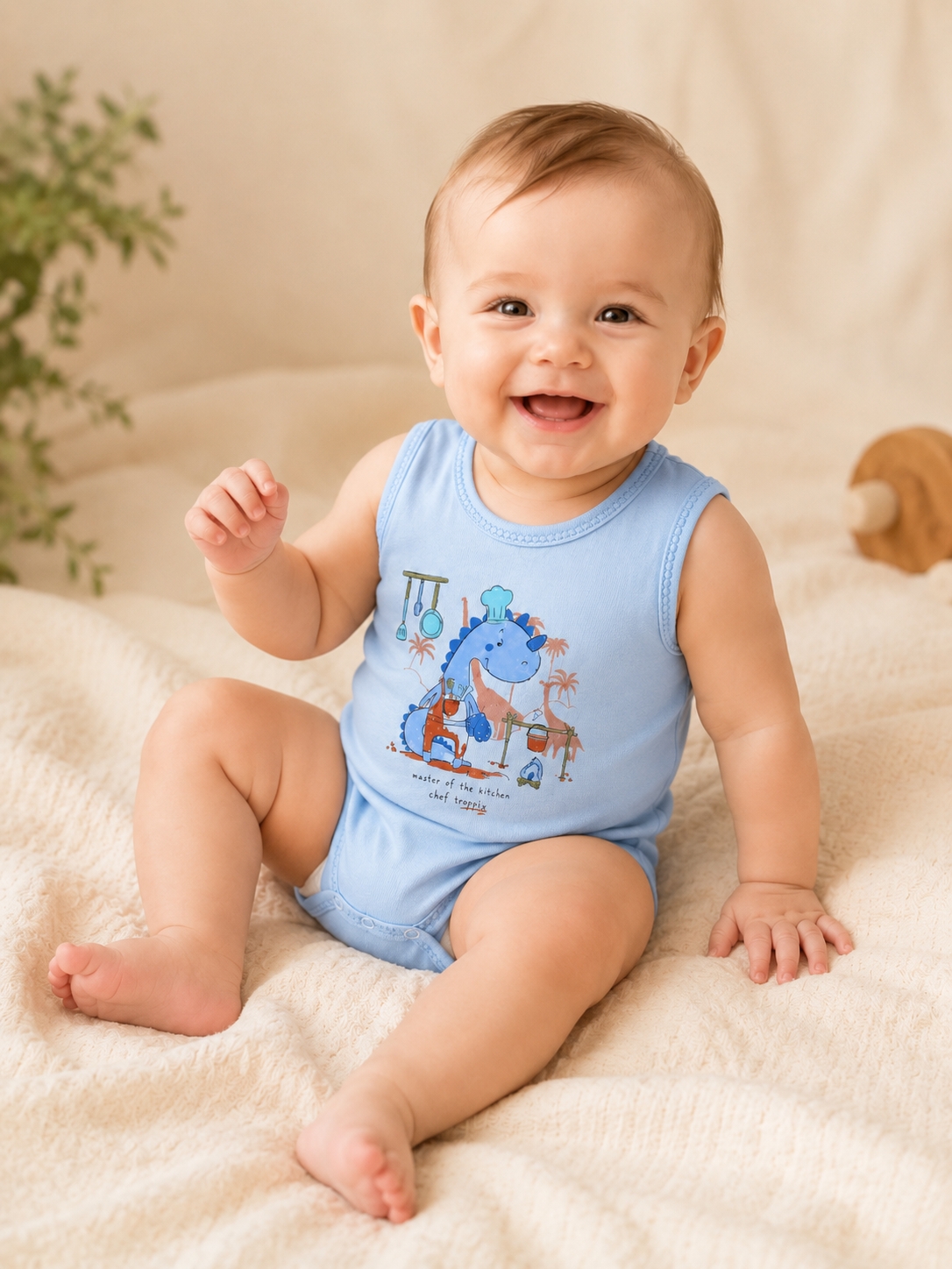 Hoppidik Şef Dinozor Baskılı Kolsuz Bebek Body Mavi