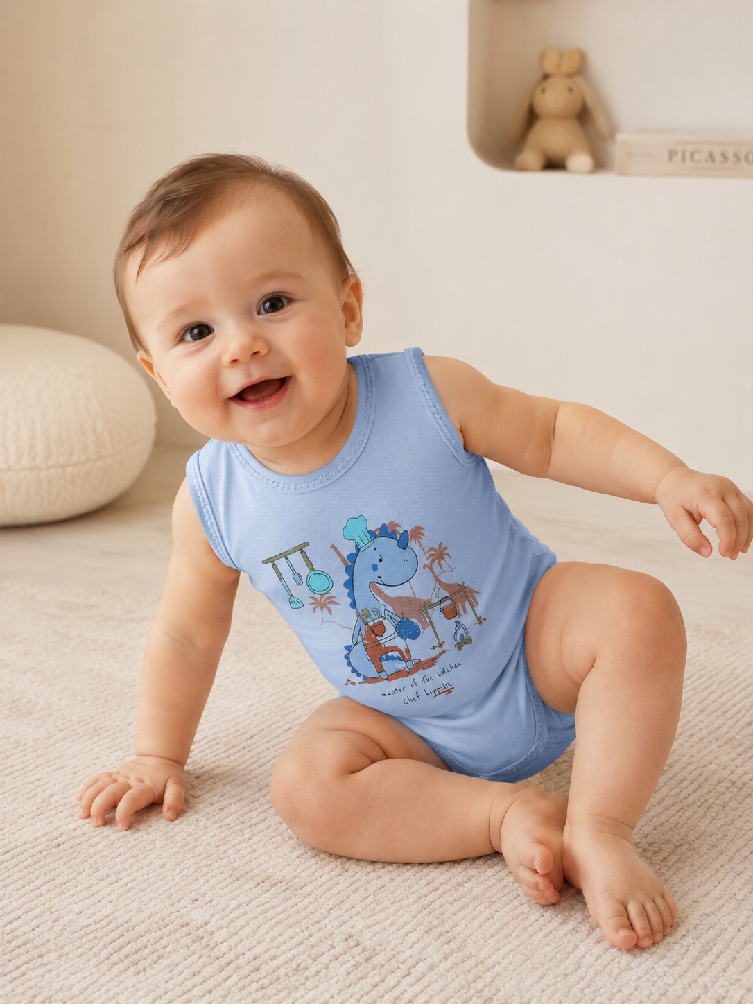 Hoppidik Şef Dinozor Baskılı Kolsuz Bebek Body Mavi