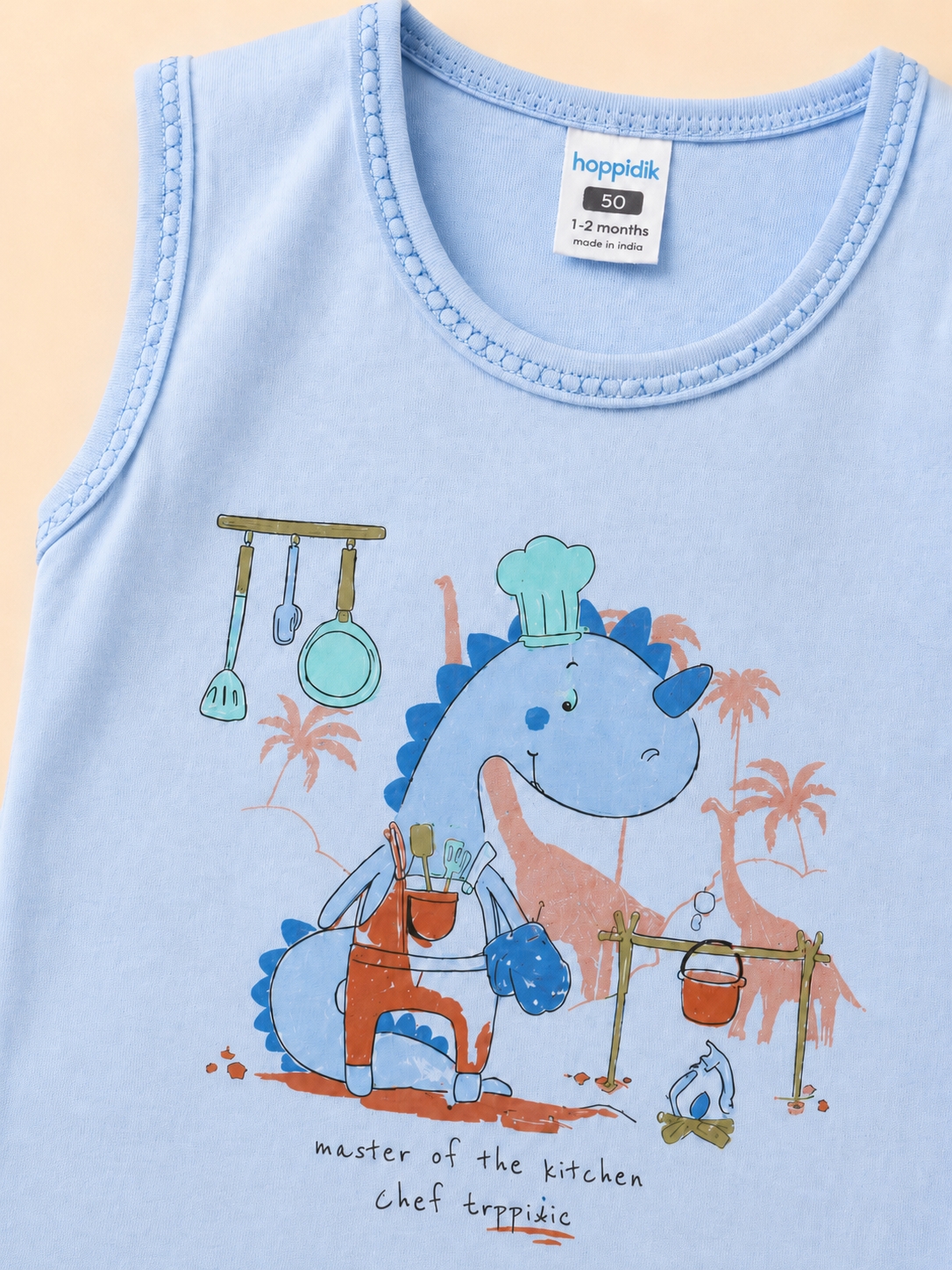 Hoppidik Şef Dinozor Baskılı Kolsuz Bebek Body Mavi