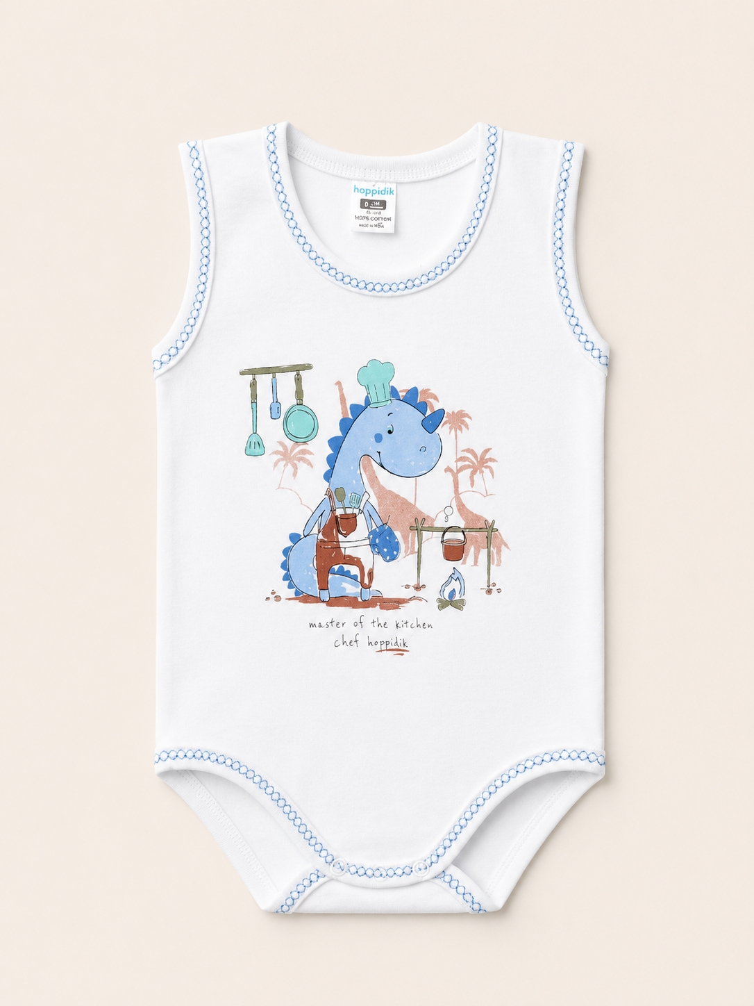 Hoppidik Şef Dinozor Baskılı Kolsuz Bebek Body Mavi