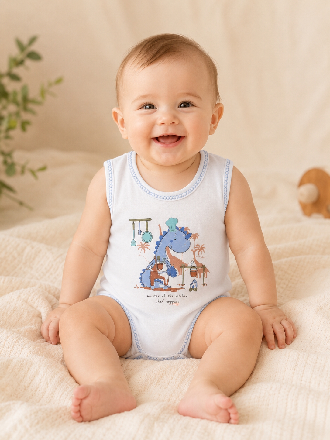 Hoppidik Şef Dinozor Baskılı Kolsuz Bebek Body Mavi