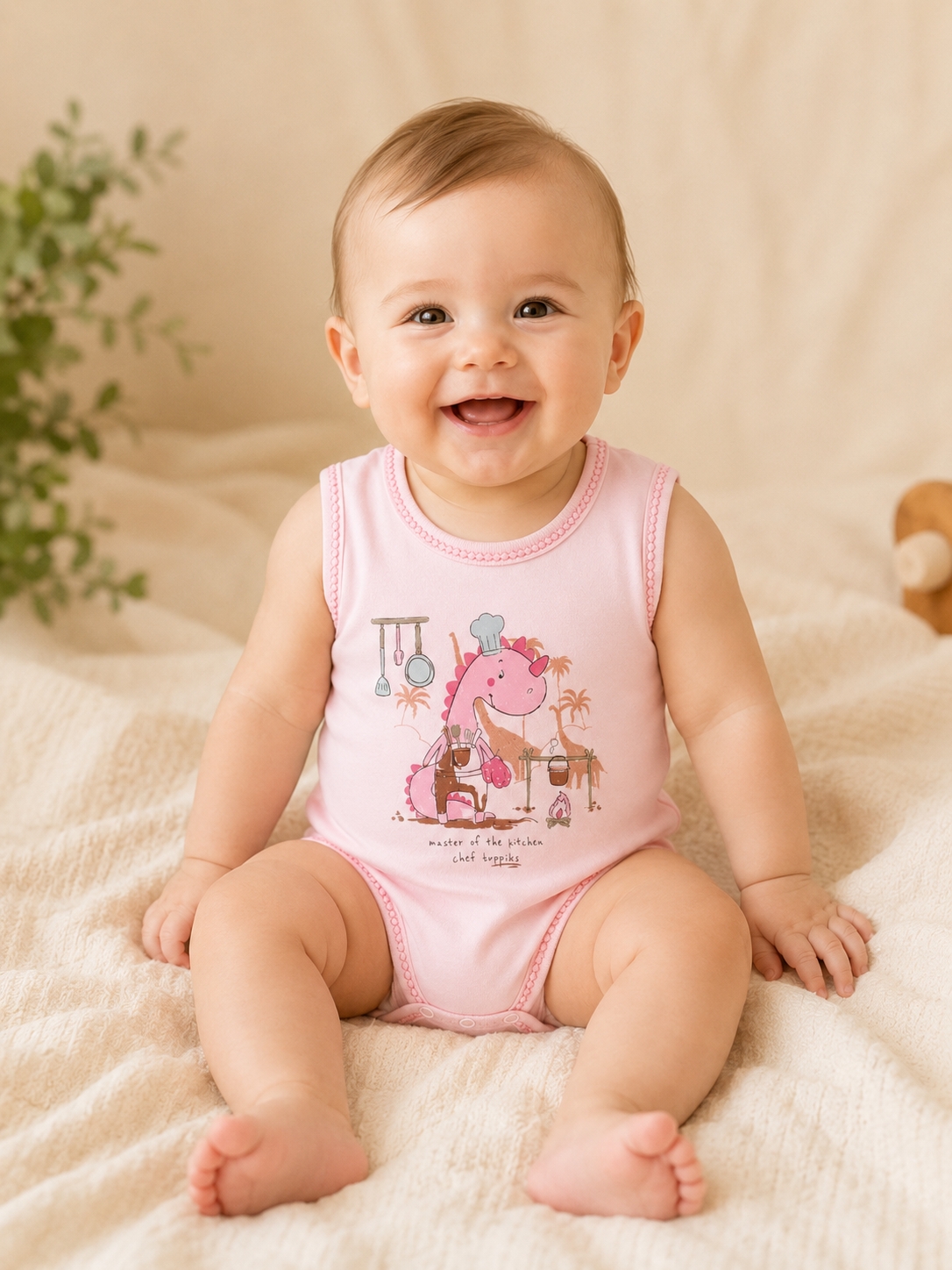 Hoppidik Şef Dinozor Baskılı Kolsuz Bebek Body Pembe  Sayfa Başlığı