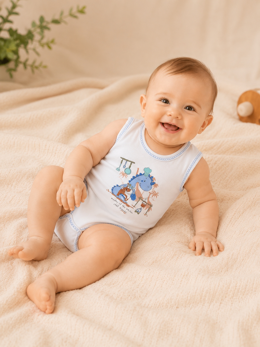 Hoppidik Şef Dinozor Baskılı Kolsuz Bebek Body Mavi