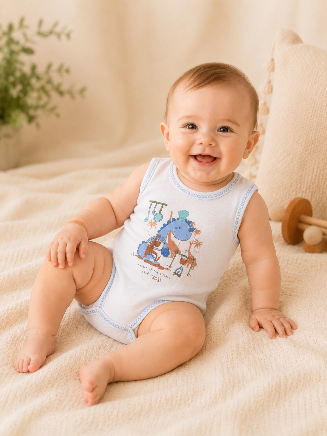 Hoppidik Şef Dinozor Baskılı Kolsuz Bebek Body Mavi