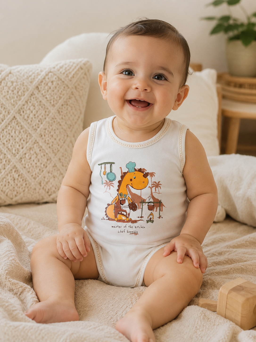 Hoppidik Şef Dinozor Baskılı Kolsuz Bebek Body Beyaz-Sarı