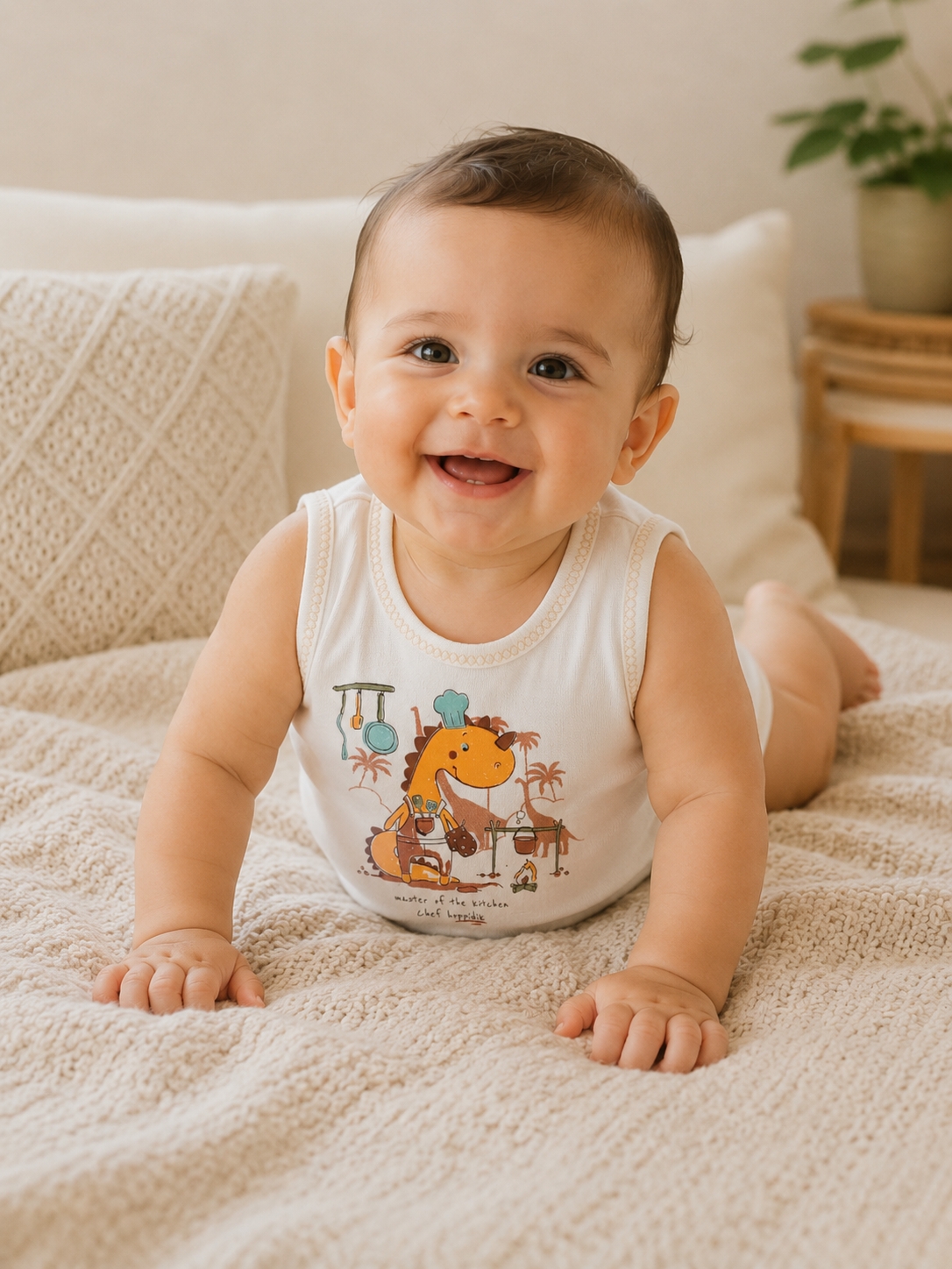 Hoppidik Şef Dinozor Baskılı Kolsuz Bebek Body Beyaz-Sarı