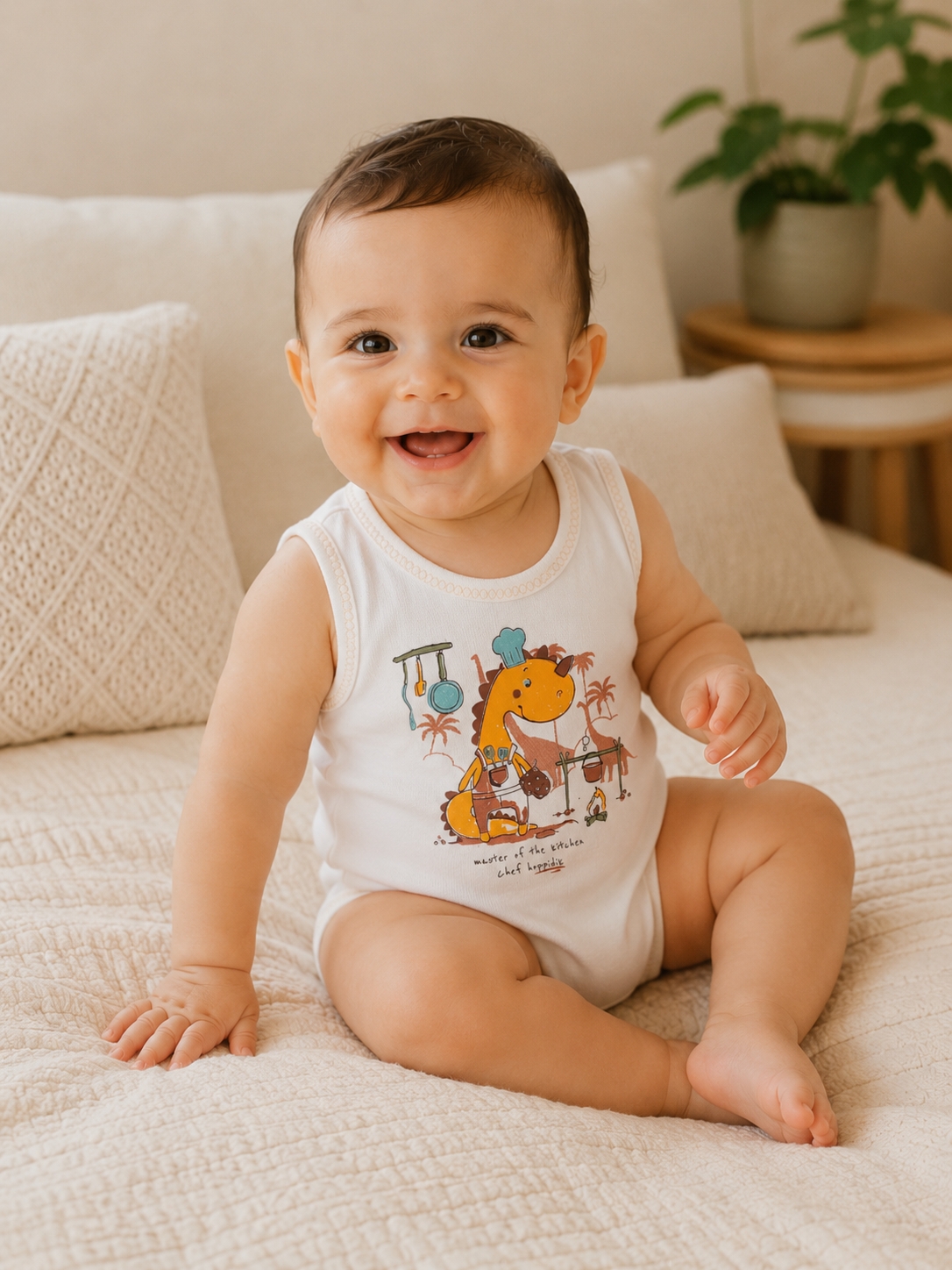 Hoppidik Şef Dinozor Baskılı Kolsuz Bebek Body Beyaz-Sarı