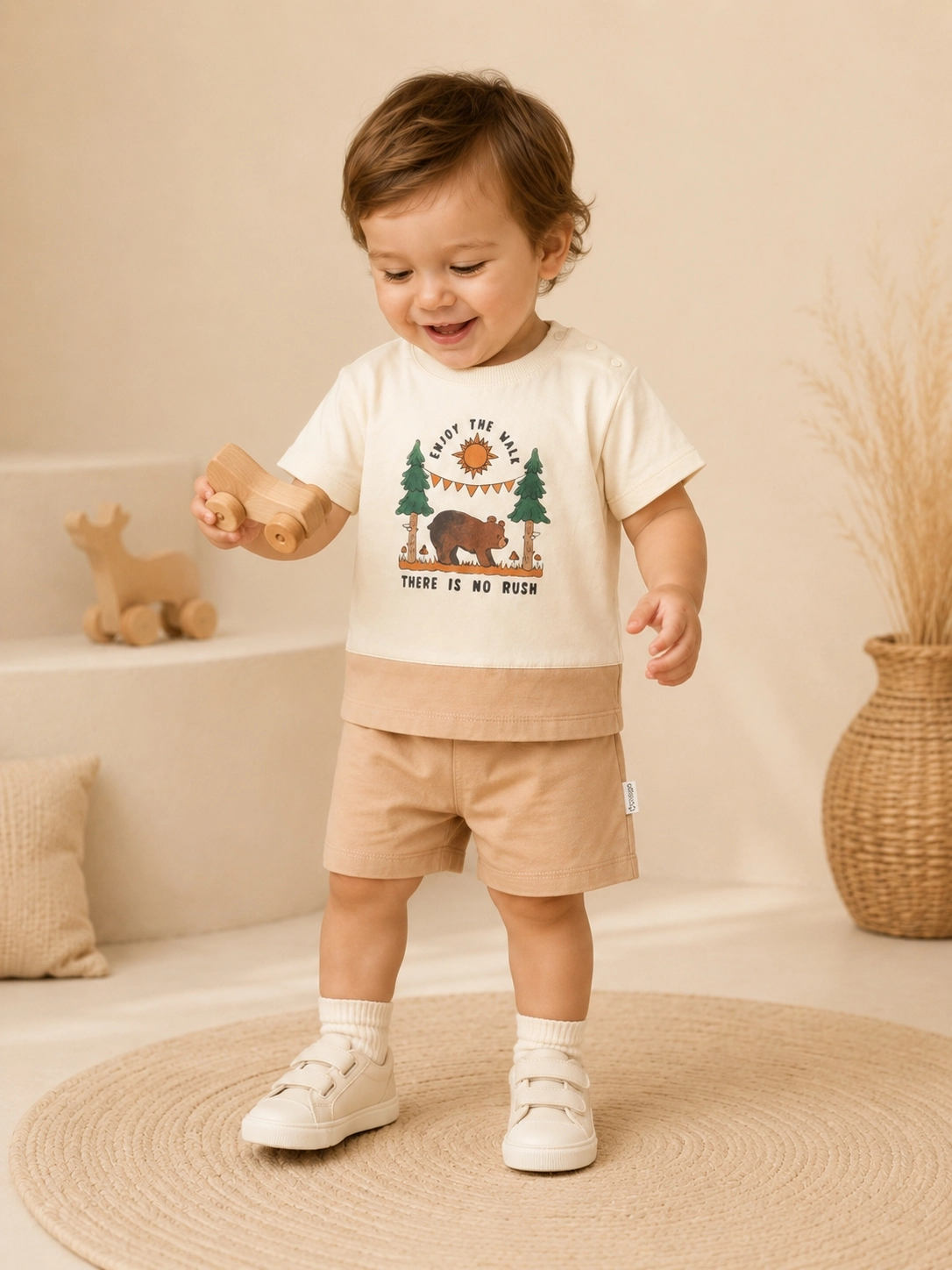 Moeboon Enjoy The Wild Baskılı Erkek Bebek Tişört Şort Takımı – Bej