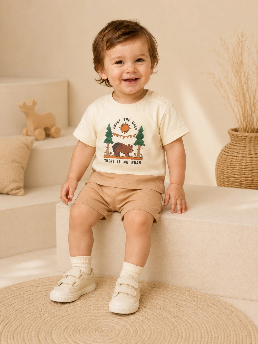 Moeboon Enjoy The Wild Baskılı Erkek Bebek Tişört Şort Takımı – Bej