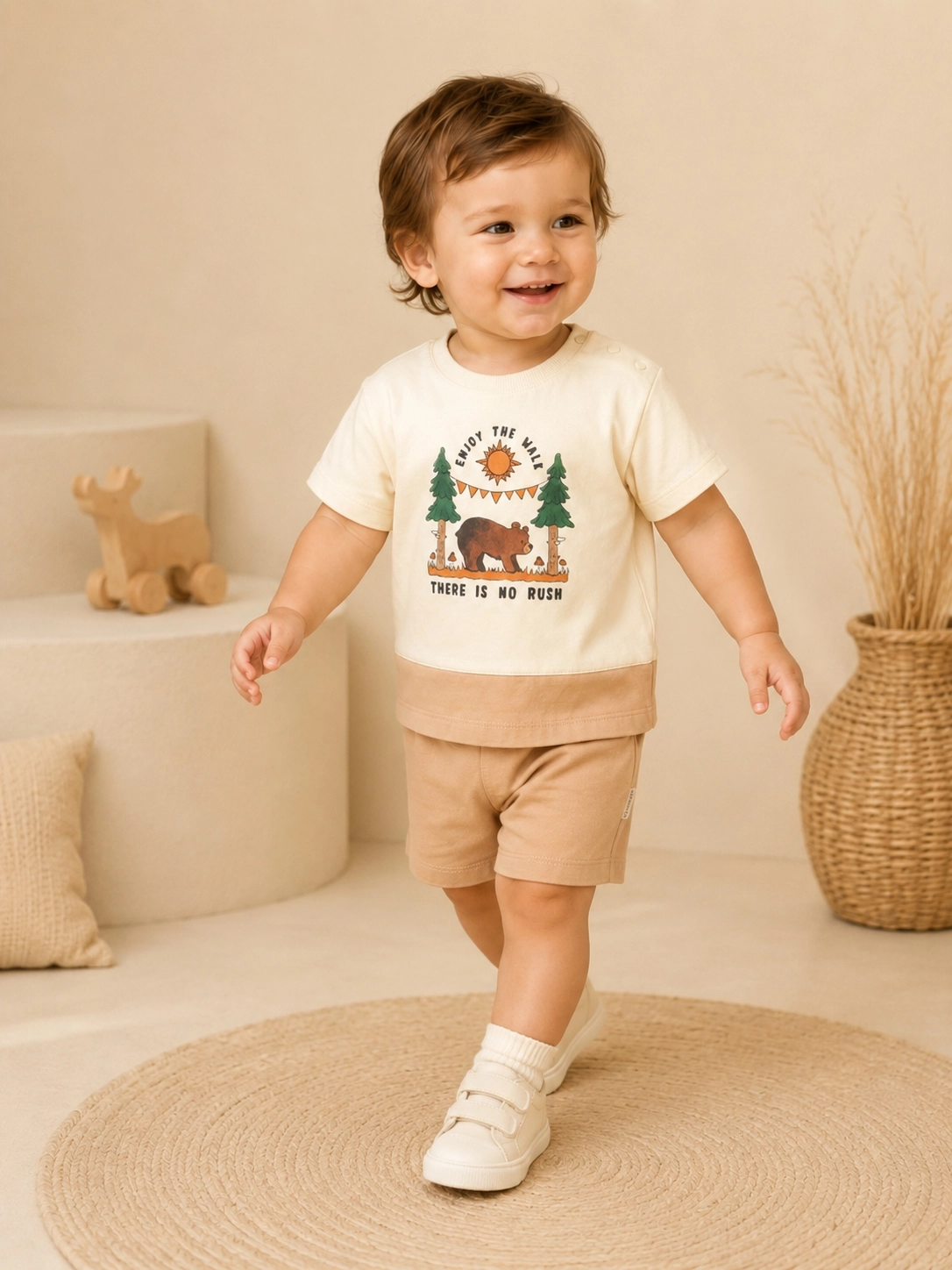 Moeboon Enjoy The Wild Baskılı Erkek Bebek Tişört Şort Takımı – Bej