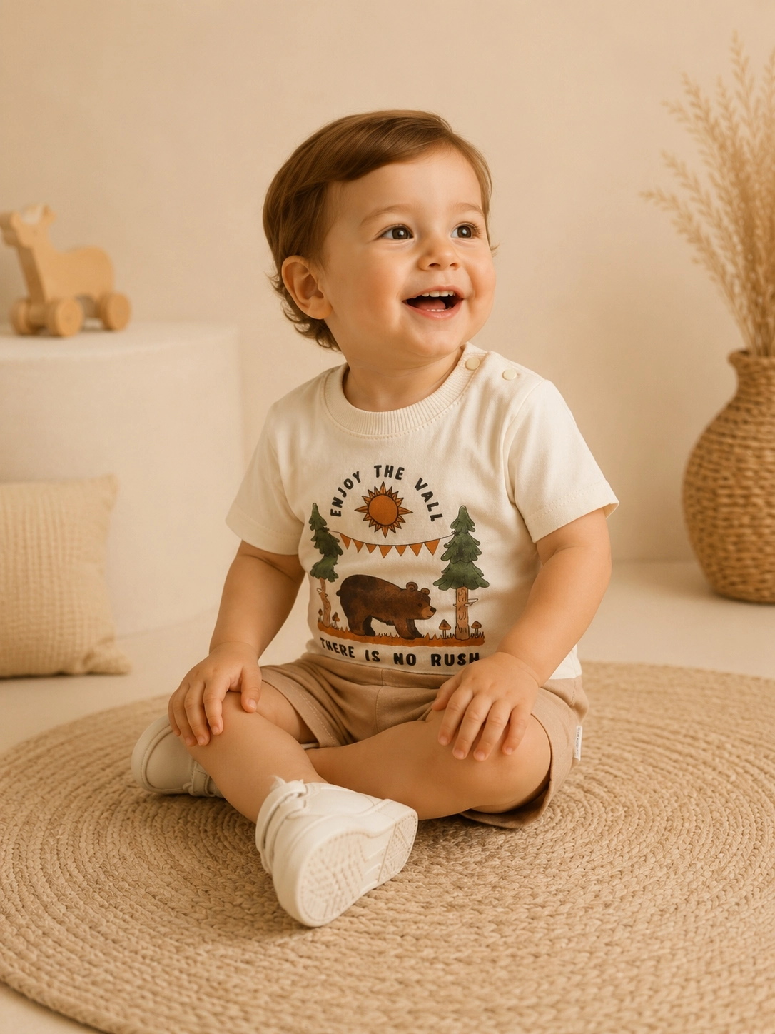 Moeboon Enjoy The Wild Baskılı Erkek Bebek Tişört Şort Takımı – Bej
