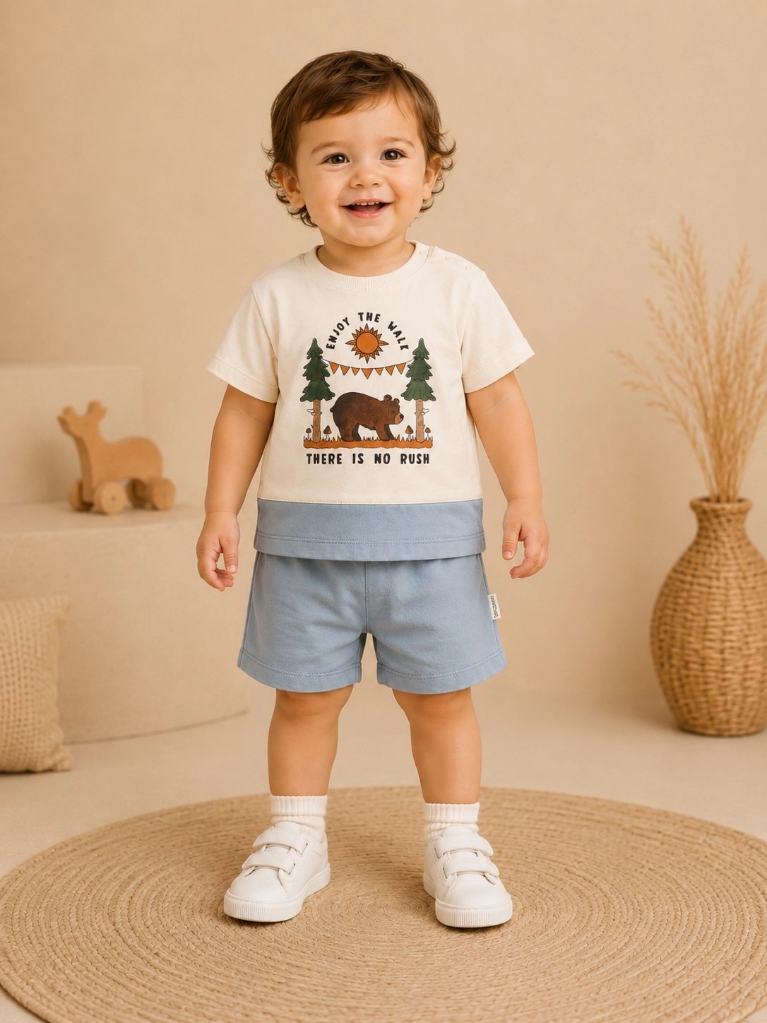 Moeboon Enjoy The Wild Baskılı Erkek Bebek Tişört Şort Takımı – Mavi