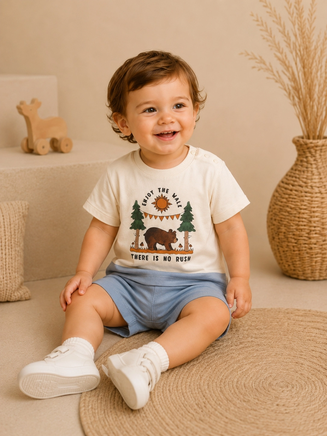 Moeboon Enjoy The Wild Baskılı Erkek Bebek Tişört Şort Takımı – Mavi