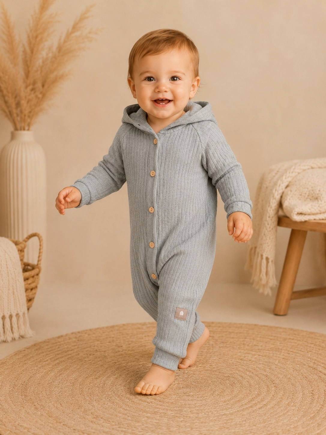 Kapüşonlu Triko Bebek Tulum – Soft Gri