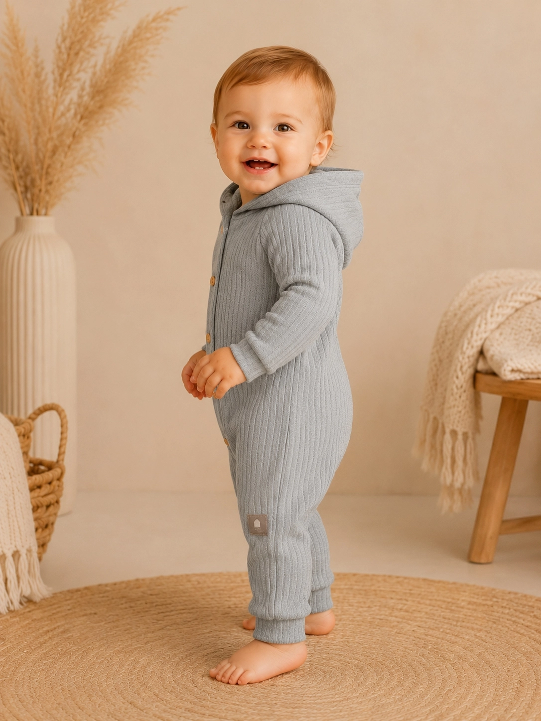 Kapüşonlu Triko Bebek Tulum – Soft Gri