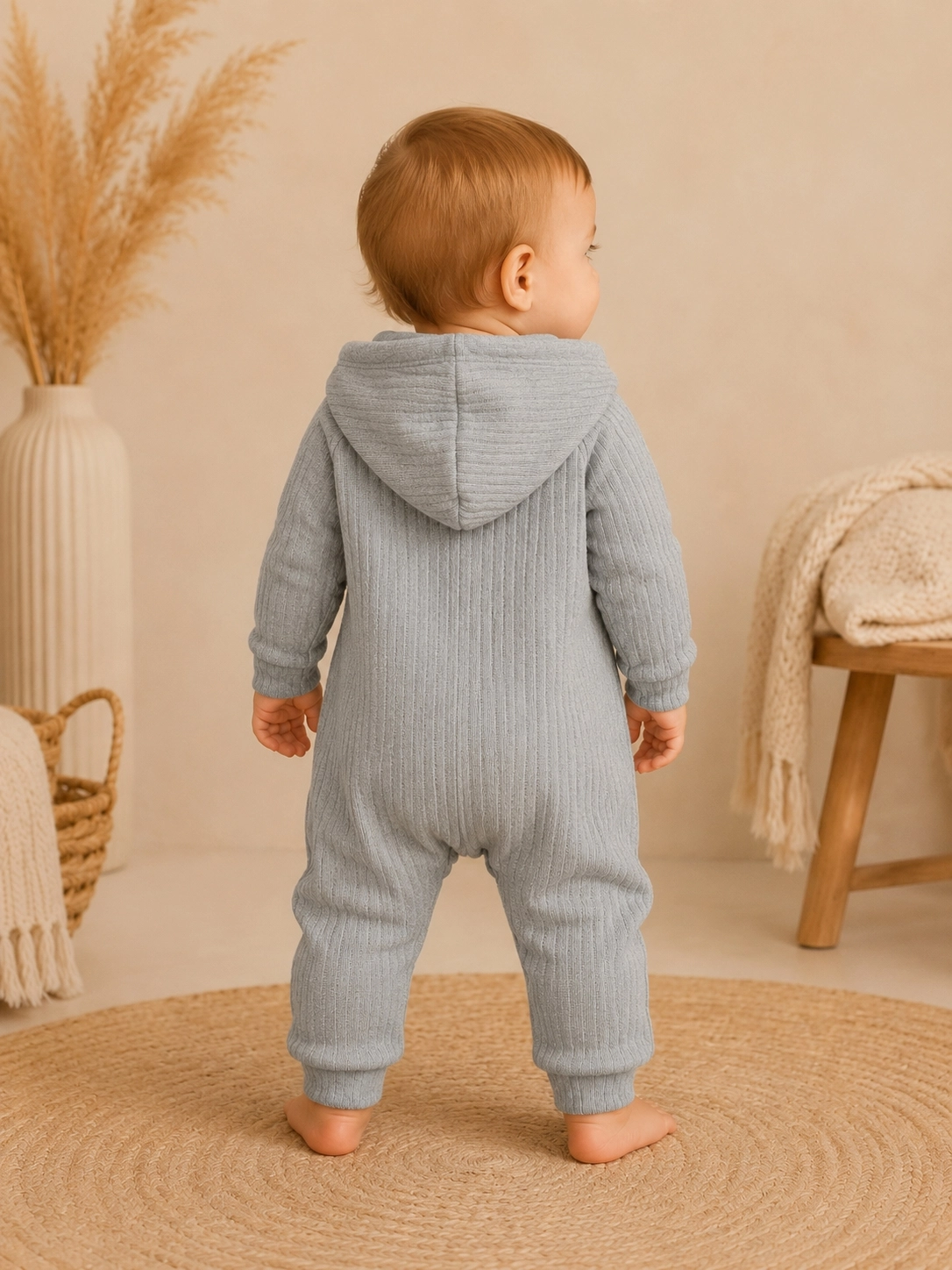 Kapüşonlu Triko Bebek Tulum – Soft Gri