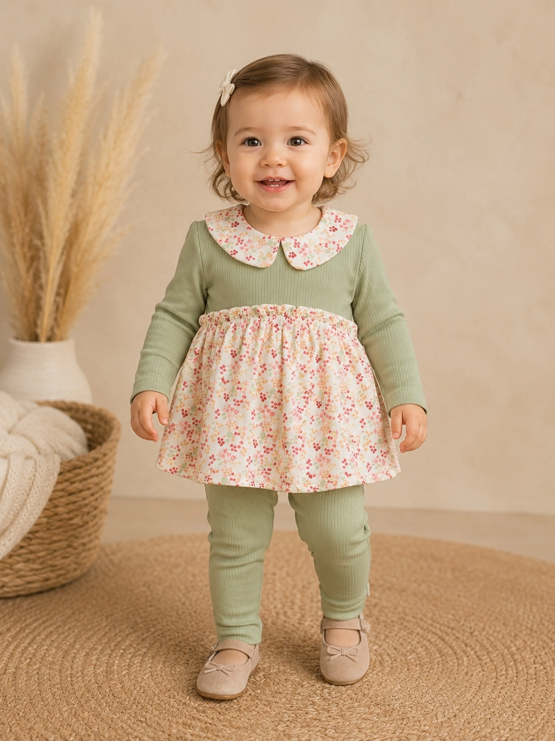 Begisa Floral Yaka Kız Bebek Alt Üst Takım