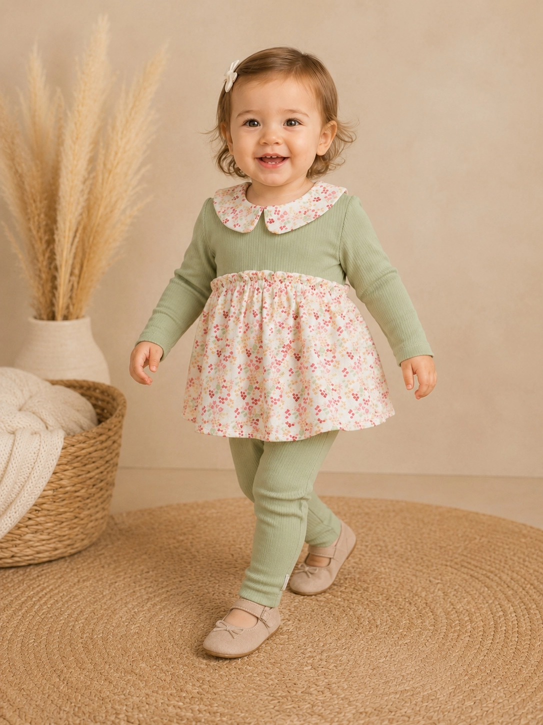Begisa Floral Yaka Kız Bebek Alt Üst Takım