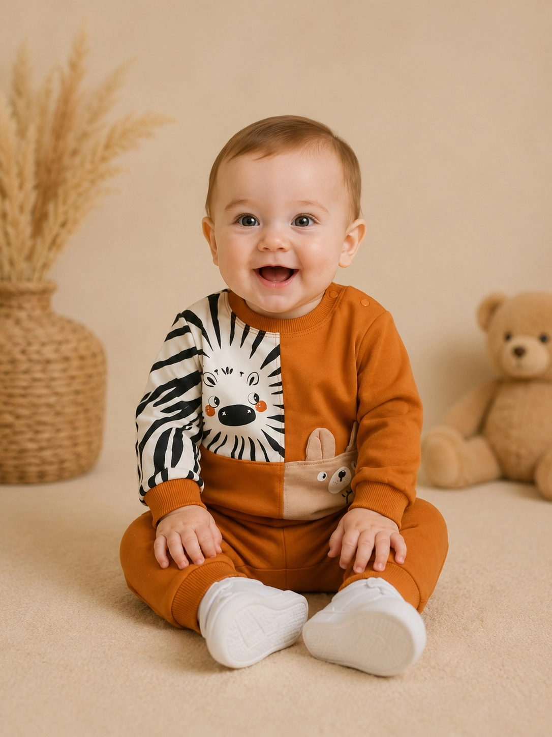 Hoppidik Desenli Sweatshirt Pantolon Erkek Bebek 2’li Takım – Turuncu