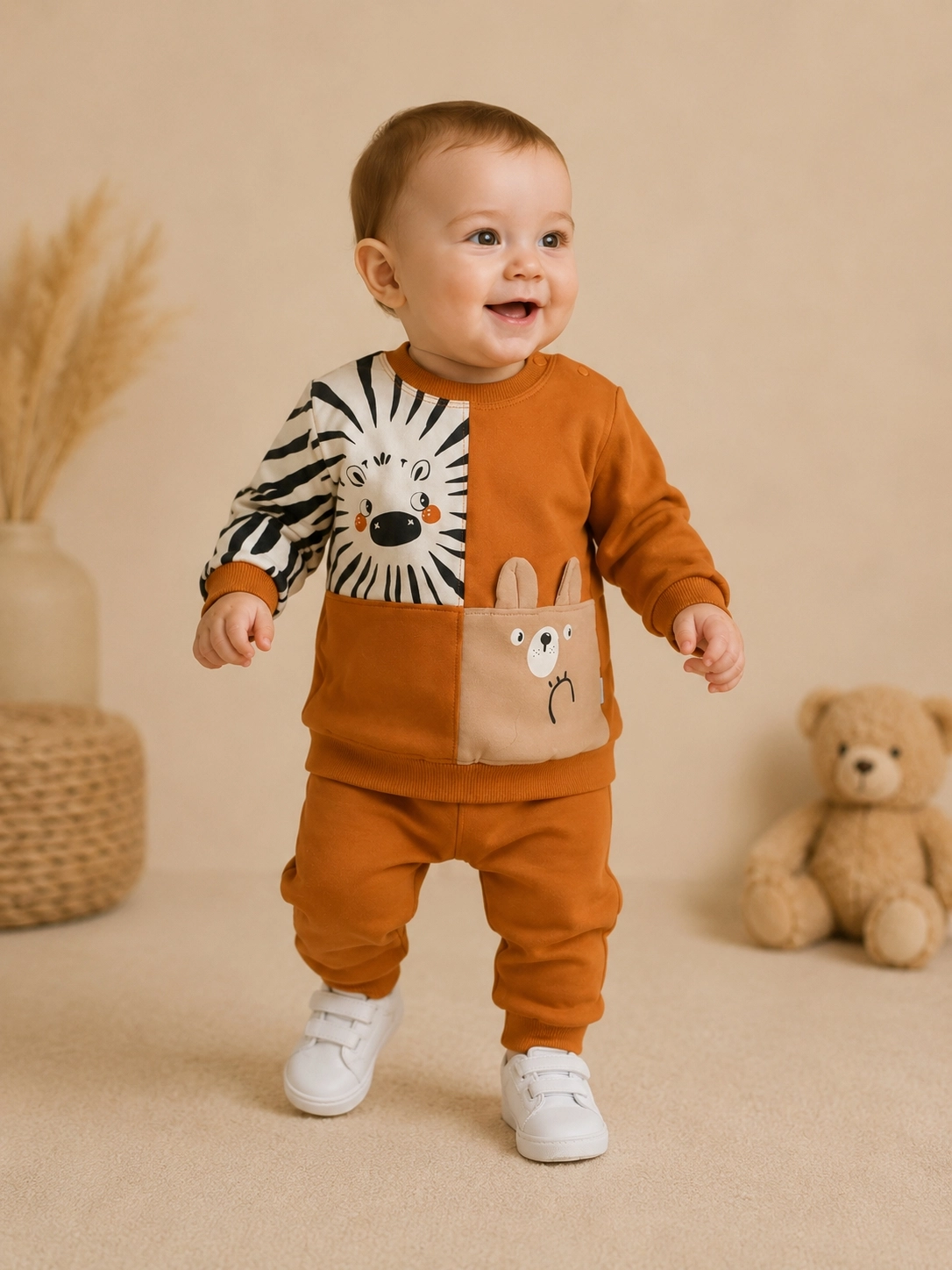 Hoppidik Desenli Sweatshirt Pantolon Erkek Bebek 2’li Takım – Turuncu