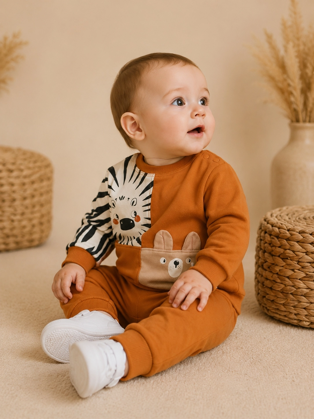 Hoppidik Desenli Sweatshirt Pantolon Erkek Bebek 2’li Takım – Turuncu