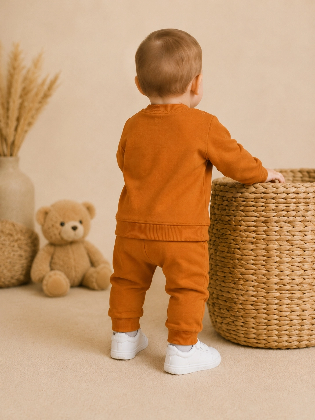 Hoppidik Desenli Sweatshirt Pantolon Erkek Bebek 2’li Takım – Turuncu