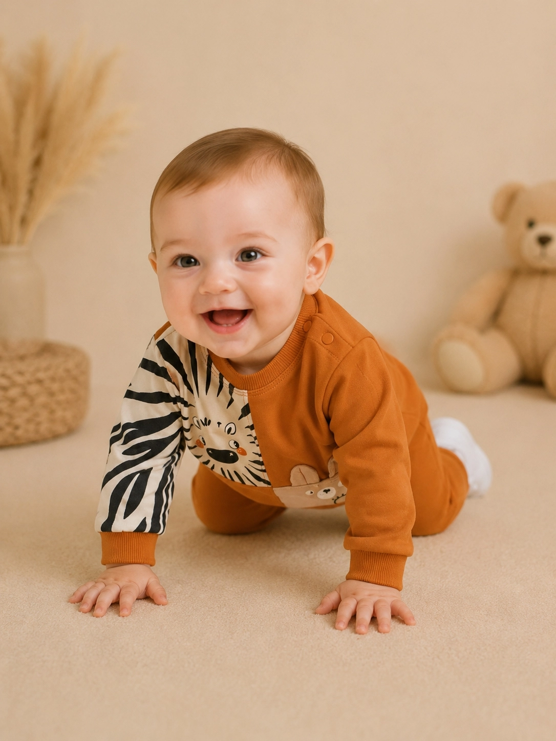 Hoppidik Desenli Sweatshirt Pantolon Erkek Bebek 2’li Takım – Turuncu