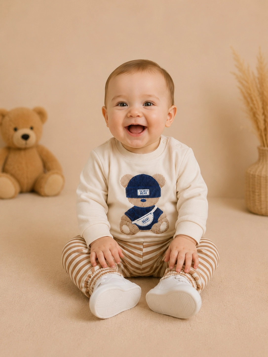 Moeboon Ayıcık Desenli Erkek Bebek Sweatshirt Pantolon Takımı – Bej