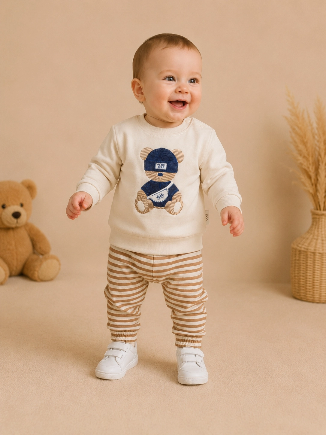 Moeboon Ayıcık Desenli Erkek Bebek Sweatshirt Pantolon Takımı – Bej