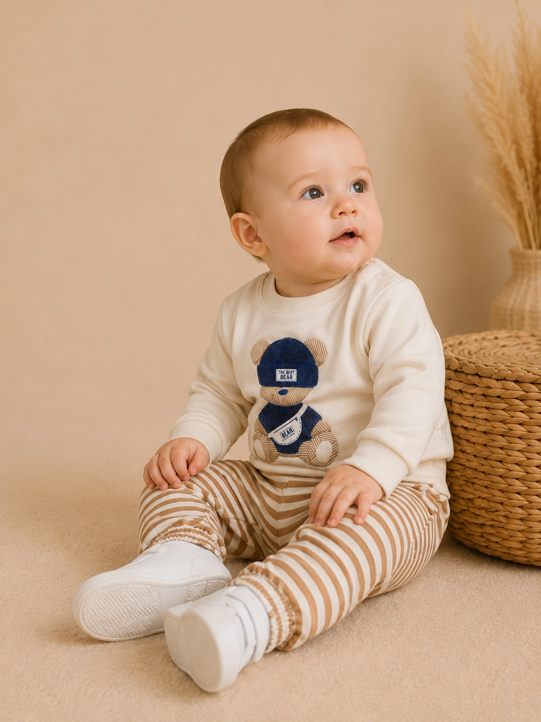 Moeboon Ayıcık Desenli Erkek Bebek Sweatshirt Pantolon Takımı – Bej
