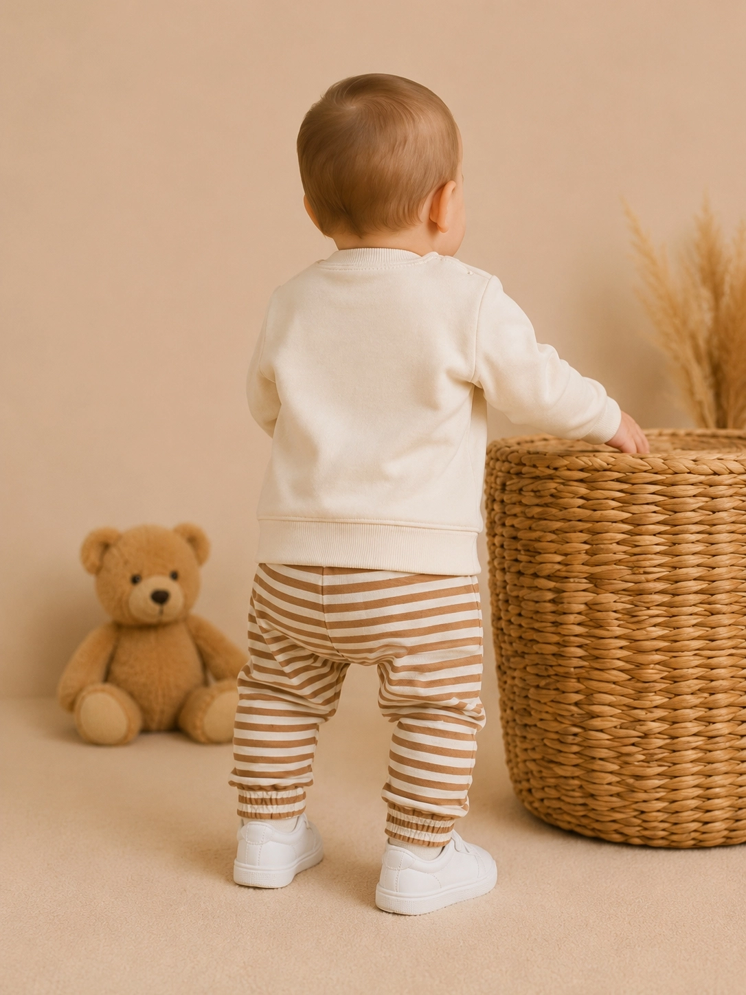 Moeboon Ayıcık Desenli Erkek Bebek Sweatshirt Pantolon Takımı – Bej