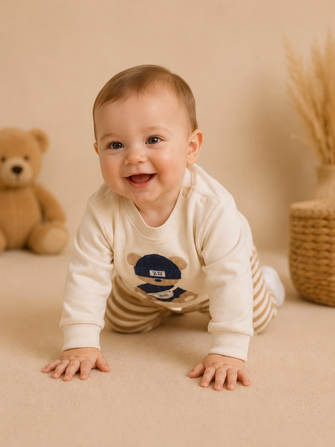 Moeboon Ayıcık Desenli Erkek Bebek Sweatshirt Pantolon Takımı – Bej
