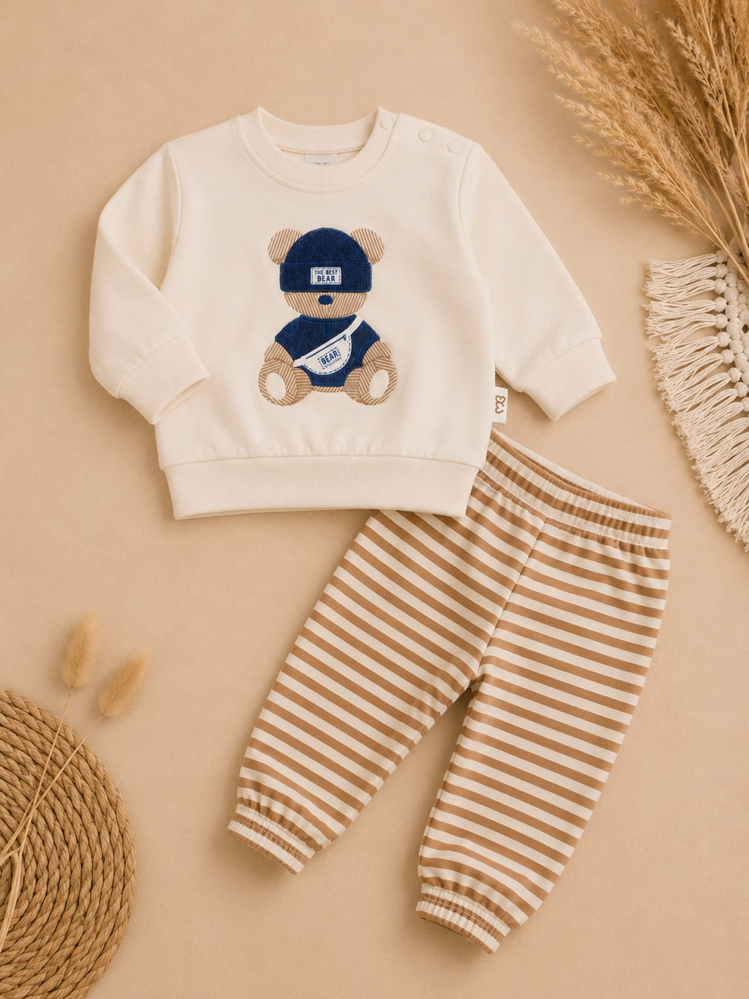 Moeboon Ayıcık Desenli Erkek Bebek Sweatshirt Pantolon Takımı – Bej