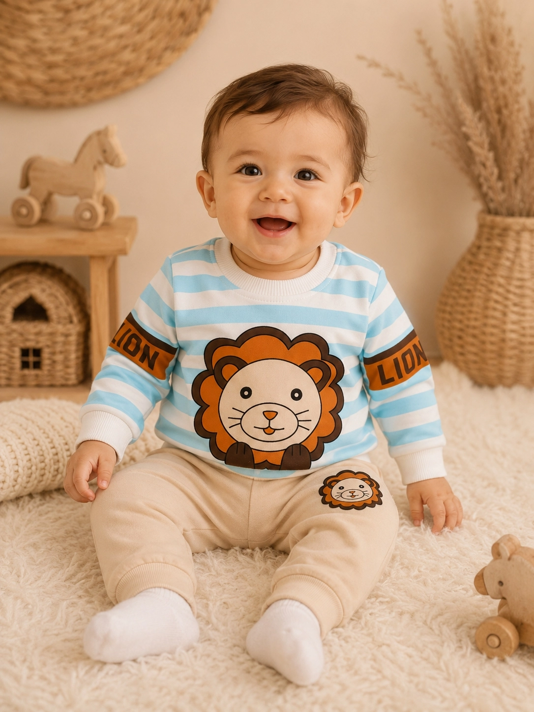Zeo Kids Aslan Baskılı Erkek Bebek Alt Üst Takım – Çizgili