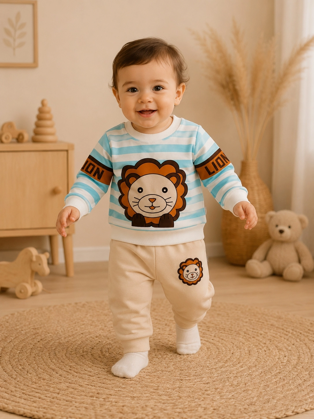 Zeo Kids Aslan Baskılı Erkek Bebek Alt Üst Takım – Çizgili